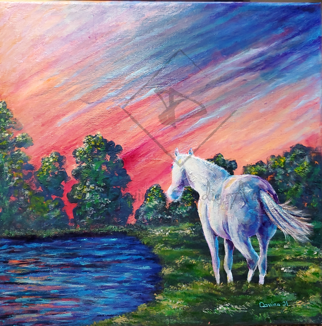 'White Horse at Sunset' Original Art