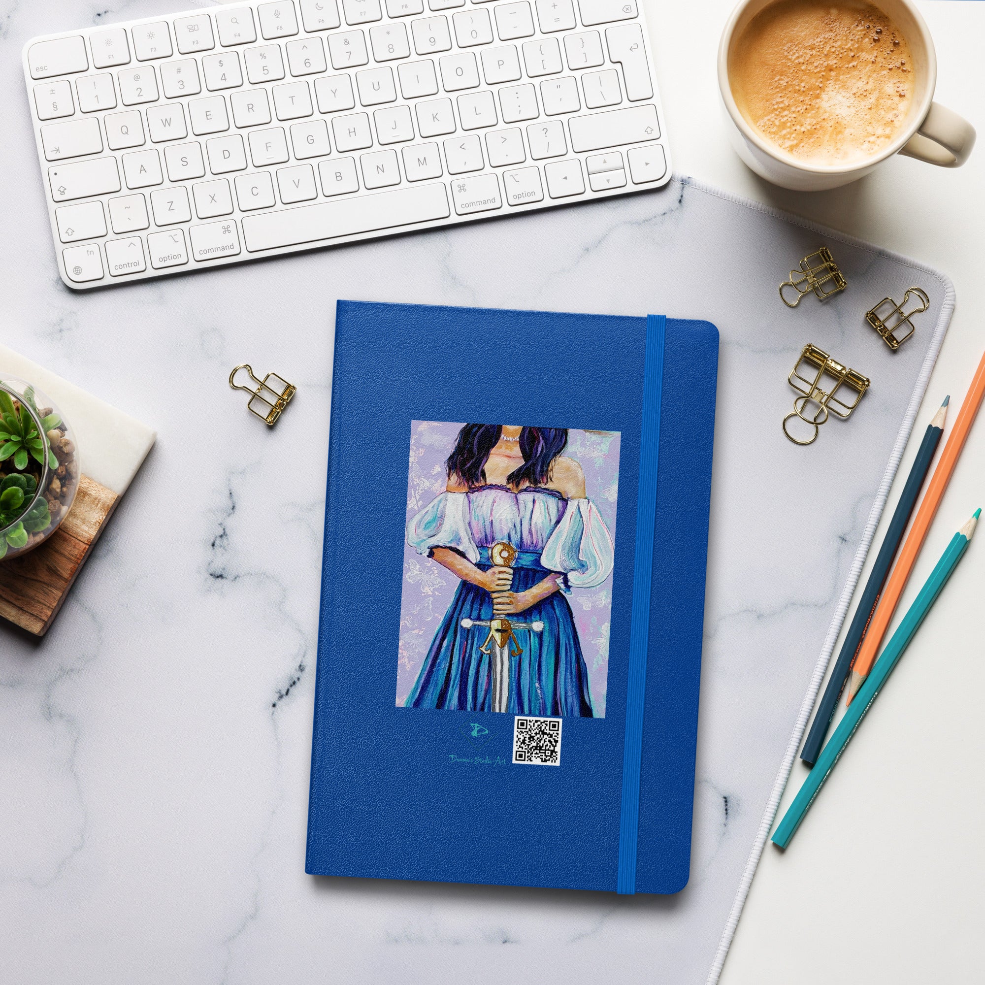 Hardcover bound notebook Girl with Sword in White Blue Dress – Davina's Studio Art