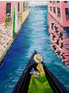 'Venice Canal Woman in Boat' Original Art